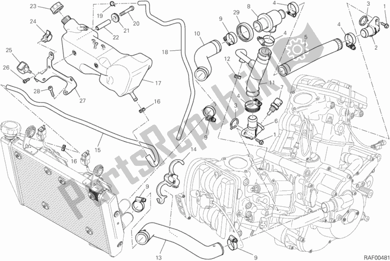 All parts for the Cooling Circuit of the Ducati Hypermotard LS Thailand 821 2015